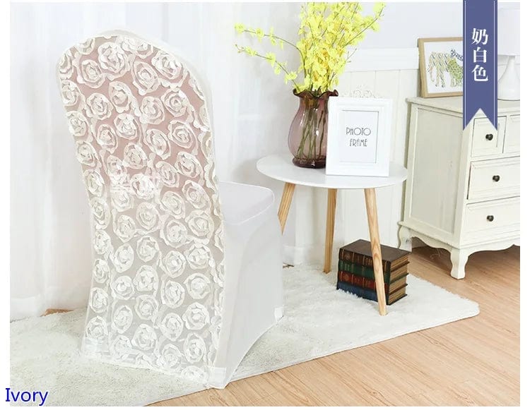 Rose embroidered spandex chair cover by EVENTSDECOR, perfect for weddings, banquets, and parties, featuring elegant luxury pattern.