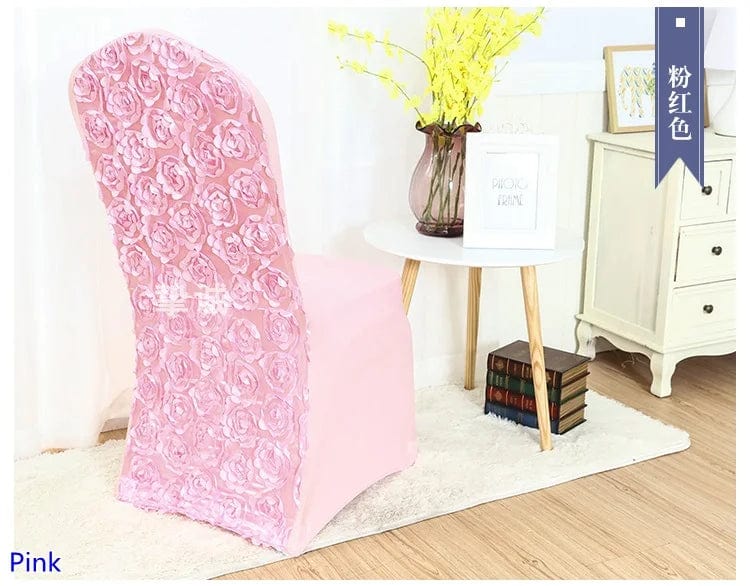 Rose embroidered spandex chair cover by EVENTSDECOR, elegant banquet decor perfect for weddings, parties, and hotel events.