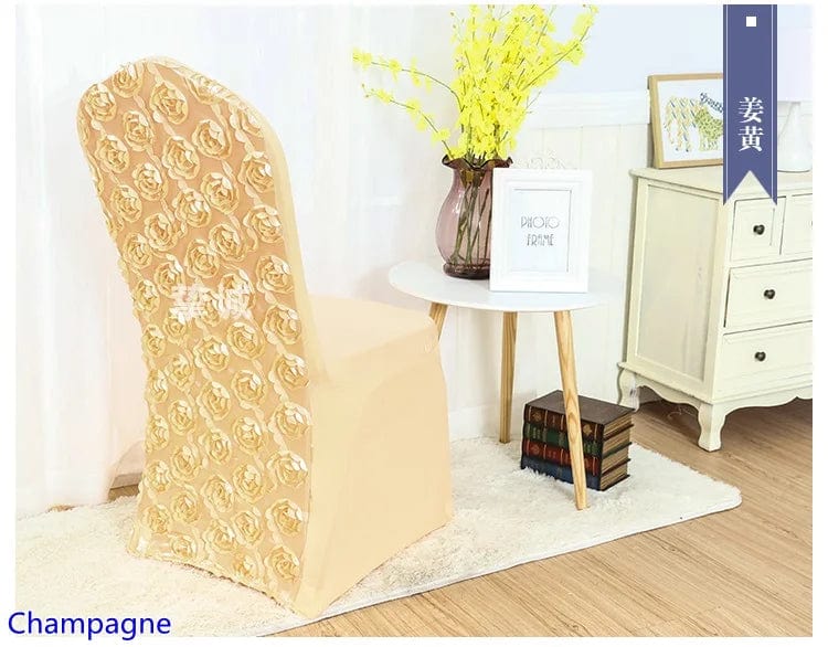 Rose embroidered spandex chair cover by EVENTSDECOR, elegant lycra banquet decor for weddings, parties, and hotel events.