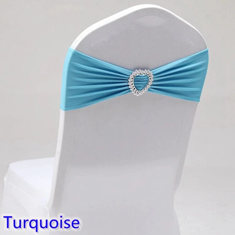 Spandex chair sash with heart buckle for wedding and banquet decor, showing the stretchy, elegant design and decorative heart detail.