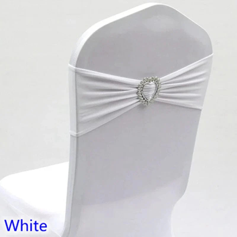 Spandex chair sash with heart buckle for wedding and banquet decor, showing love-themed wedding decoration with stretch lycra fabric.