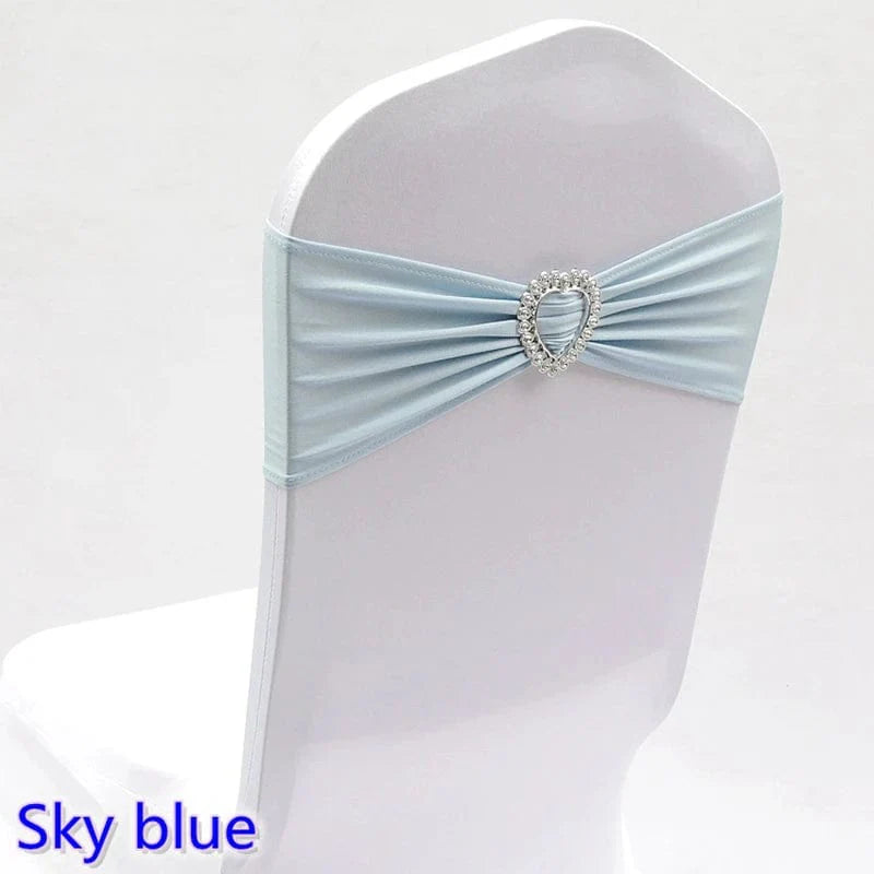 Spandex chair sash with heart buckle for wedding and banquet decorations, featuring stretch lycra fabric from EVENTSDECOR by Showlu Fashion.