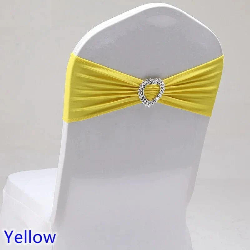Spandex chair sash with heart buckle for wedding and banquet decor, shown in elegant stretch fabric for special events.