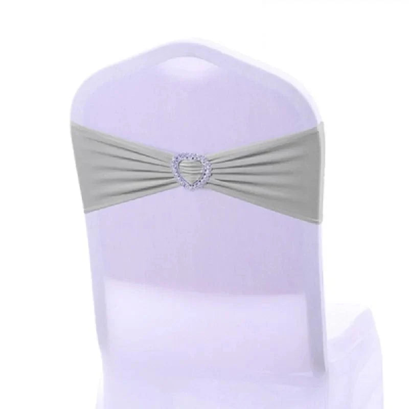 Spandex chair sash with heart buckle for wedding or banquet decoration, showcasing elegant stretch lycra fabric and decorative heart detail.
