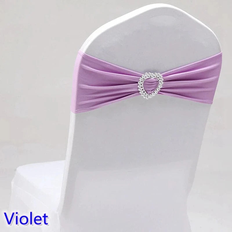 Spandex chair sash with heart buckle for wedding and event decorations, featuring stretchy lycra fabric and elegant design.