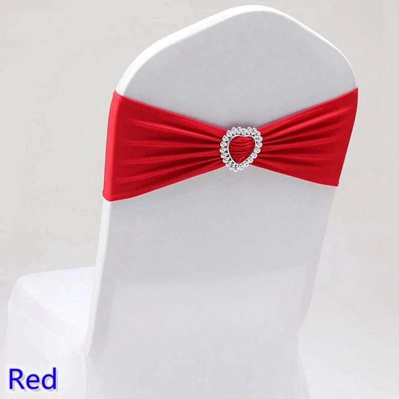 Spandex chair sash with heart buckle for wedding and banquet decorations, featuring stretch fabric and elegant design.