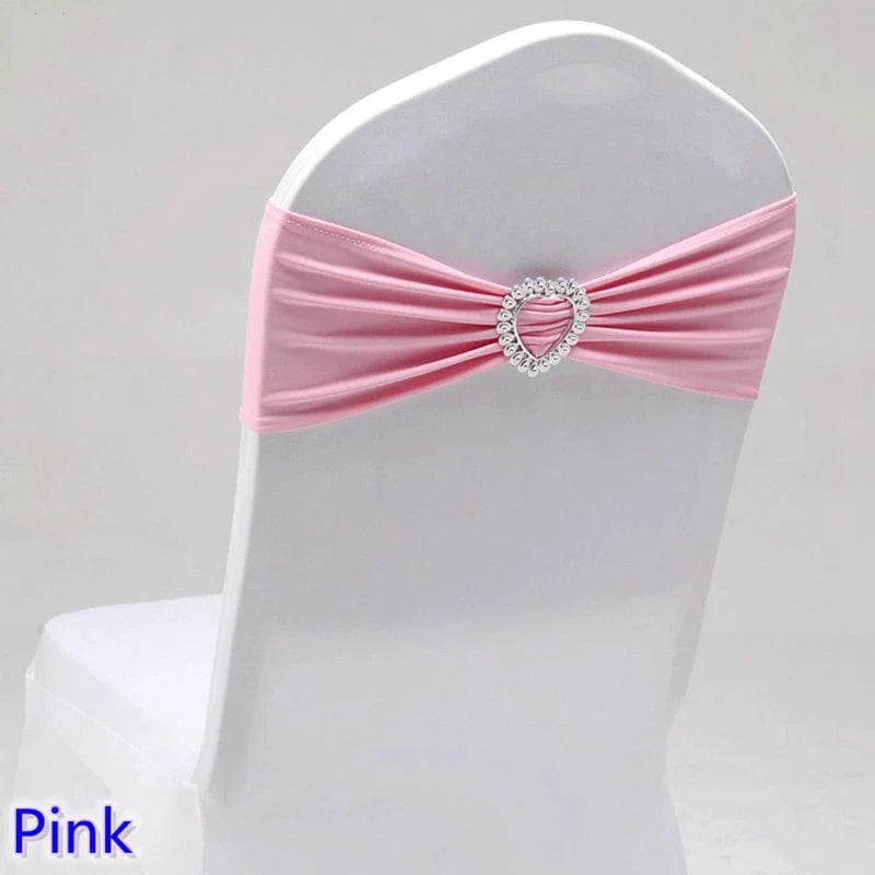 Spandex chair sash with heart buckle for wedding and banquet decor, featuring stretch lycra fabric and elegant design.