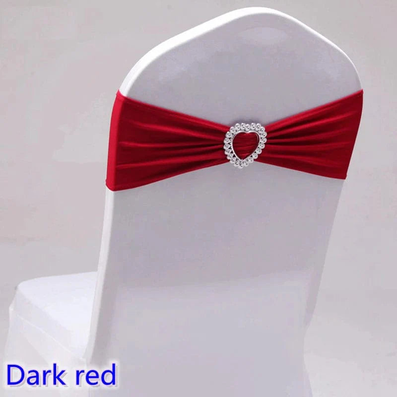 Spandex chair sash with heart buckle for weddings and banquets, featuring stretch lycra fabric and elegant wedding decoration.