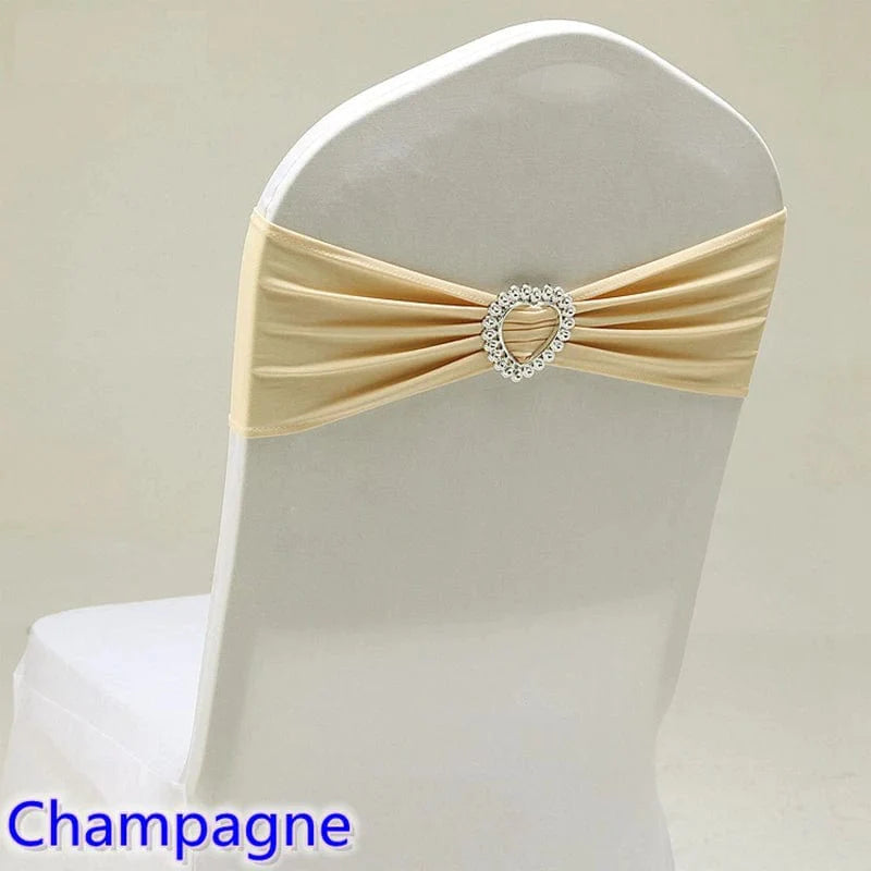 Spandex chair sash with heart buckle for wedding and banquet decor, showing elegant stretch fabric and decorative love-heart detail.