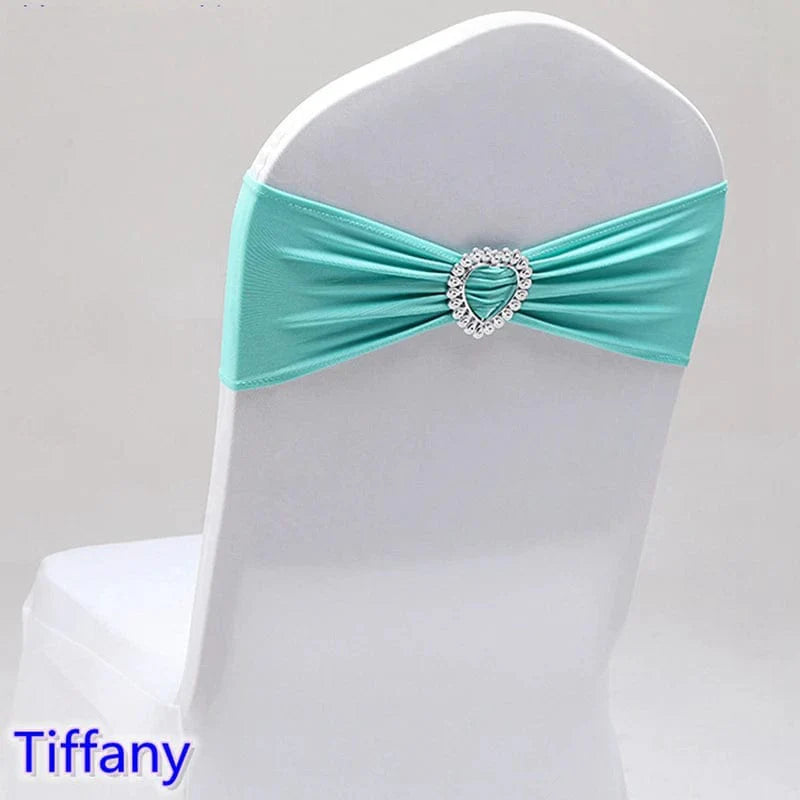 Spandex chair sash with love heart buckle for wedding and banquet decor, showing elegant stretch fabric and decorative bow.