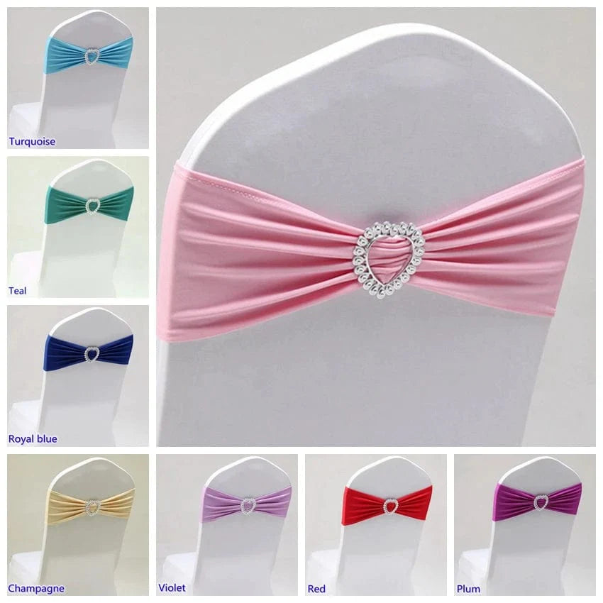 Spandex chair sash with heart buckle for wedding or banquet decoration, featuring stretch lycra material and elegant design.