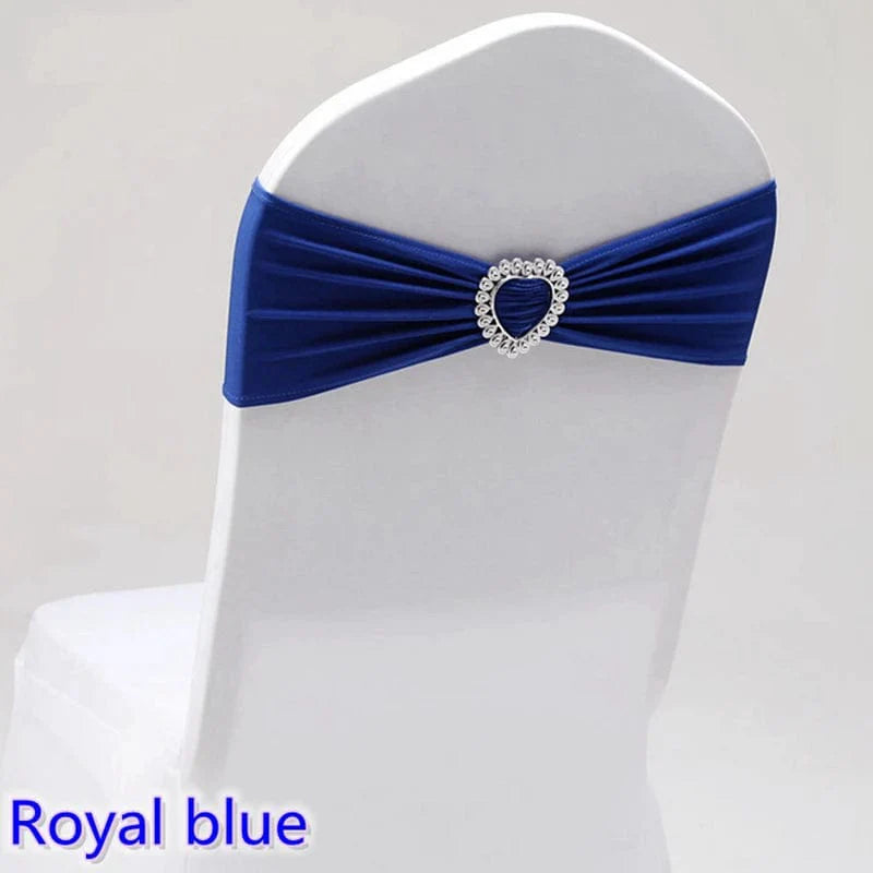 Spandex chair sash with heart buckle for wedding or banquet, showing elegant stretch fabric and decorative love heart detail