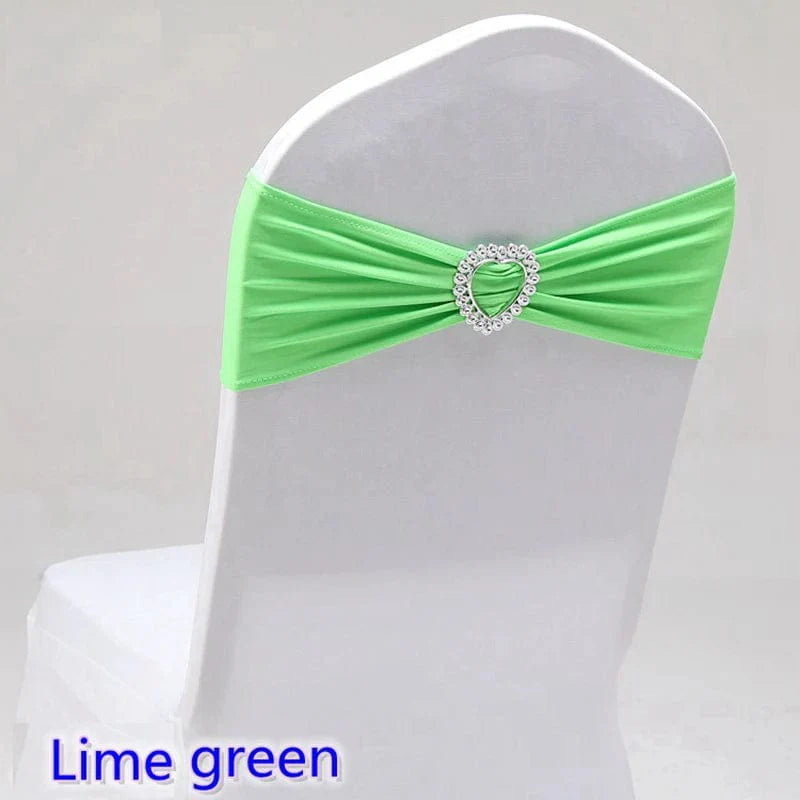 Spandex chair sash with heart buckle for wedding and event decor, featuring stretch lycra fabric and elegant design.