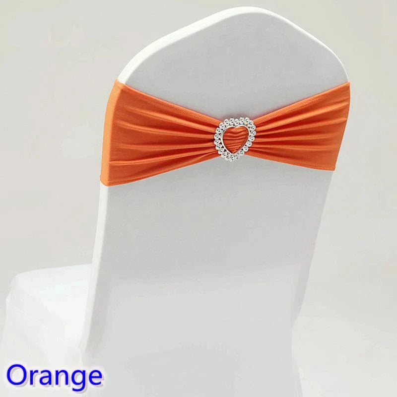Spandex chair sash with heart buckle for wedding and banquet decorations, featuring stretch lycra fabric for elegant event styling.