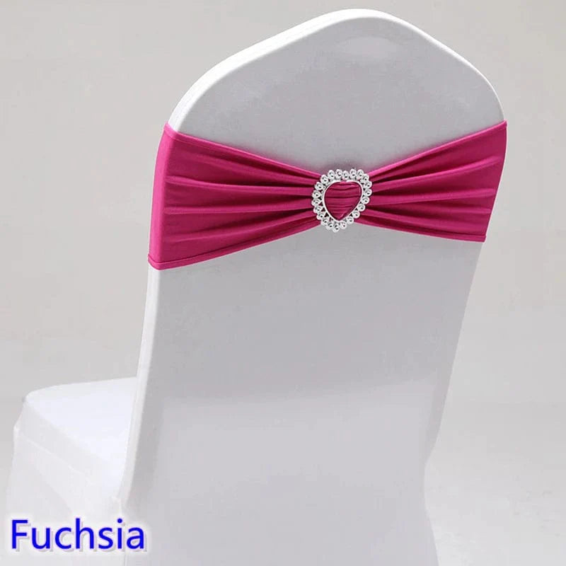 Spandex chair sash with heart buckle for wedding and banquet decor, featuring stretch lycra fabric and elegant design.