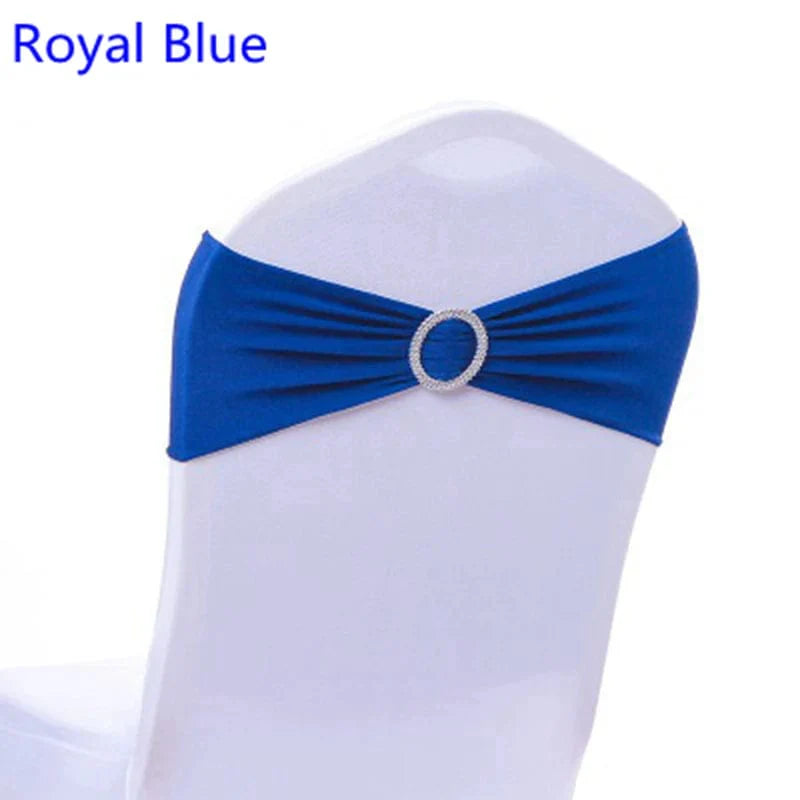 Spandex chair sash with round buckle from Showlu Fashion Store, stretchy lycra band for wedding and party decor, universal fit.