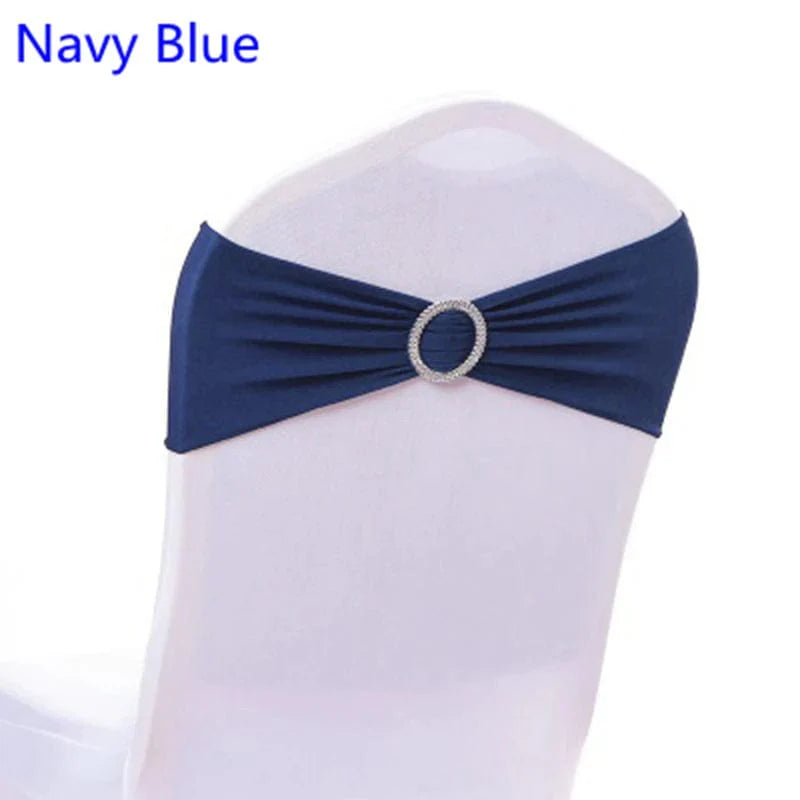 Spandex chair sash with round buckle from SHOWLU Fashion Store, stretchy lycra band for wedding, birthday, and event decorations.