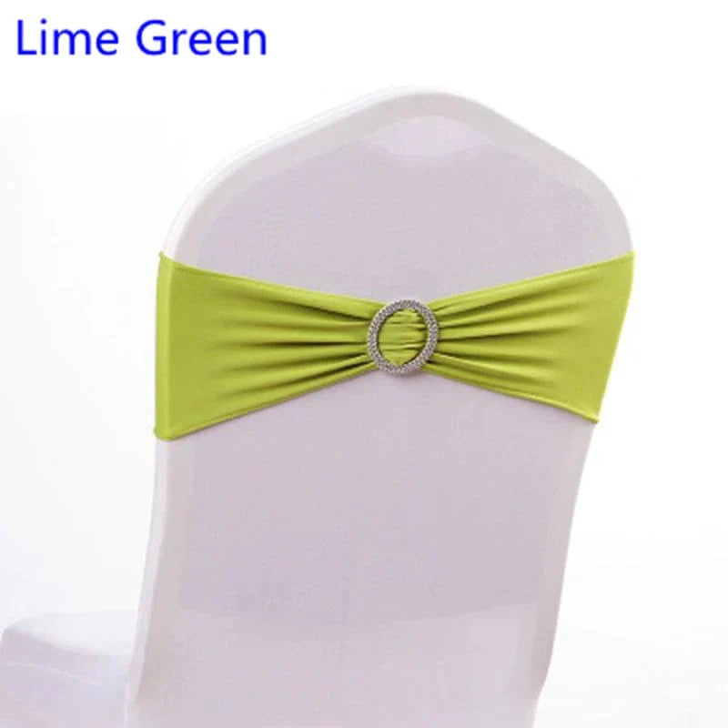 Spandex chair sash with round buckle, Showlu Fashion Store, wedding and party decor, stretchy lycra band for elegant event decoration
