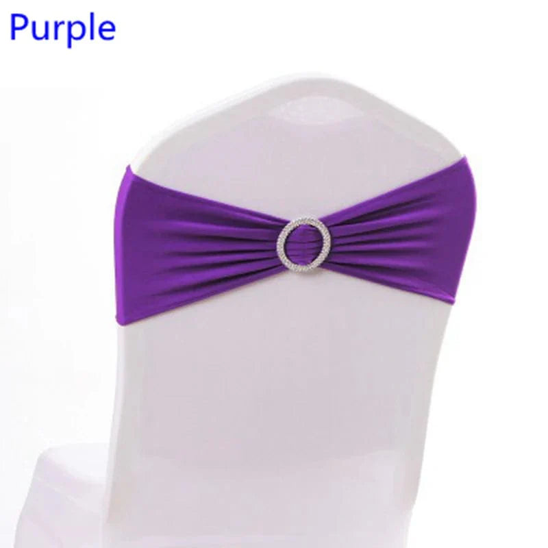 Spandex chair sash with round buckle, Showlu Fashion Store, lycra stretch band for wedding, birthday, and event decor.