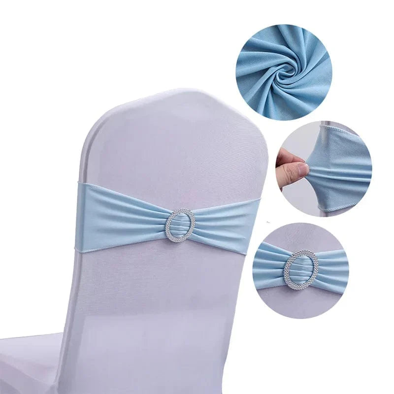 Spandex chair sash with round buckle from EventsDecor, showing a stretchy lycra band for wedding, birthday, and event decor.