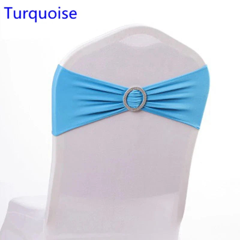 Spandex chair sash with round buckle, Showlu Fashion, stretchy Lycra band for weddings, parties, and event decor.