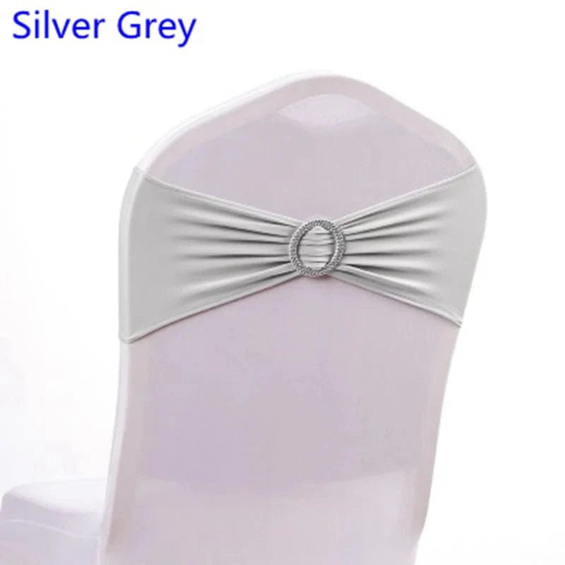 Spandex chair sash with round buckle by Showlu Fashion Store, wedding and party decor, stretchy lycra band for universal chair decoration.