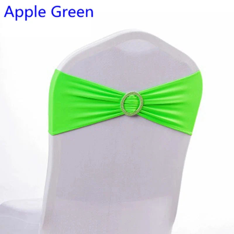 Spandex chair sash with round buckle, Showlu Fashion, lycra stretch band for weddings, birthdays, and event decor.