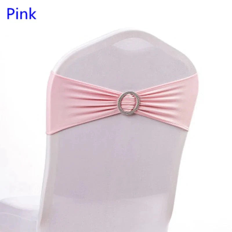 Spandex chair sash with round buckle from EVENTSDECOR, showing a stretchy, elegant lycra band for wedding and party decor.