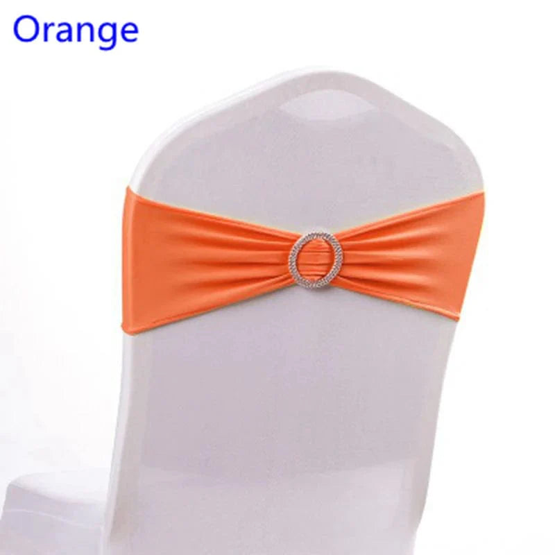 Spandex chair sash with round buckle by Showlu Fashion Store, stretchy lycra band for wedding, birthday, and event decorations.