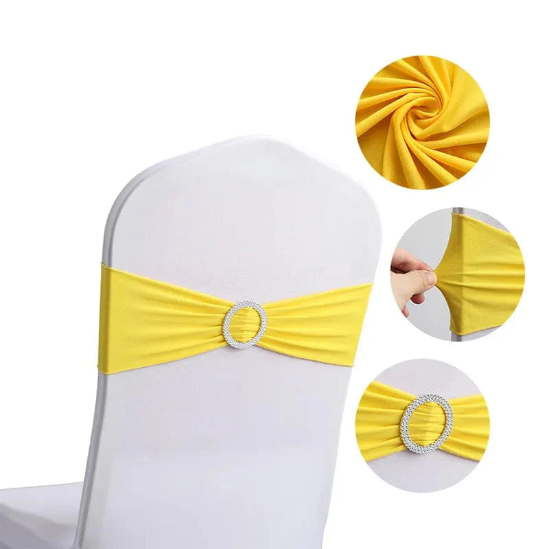 Spandex chair sash with round buckle, Showlu Fashion Store, stretchy Lycra band for wedding or party decorations on chairs.