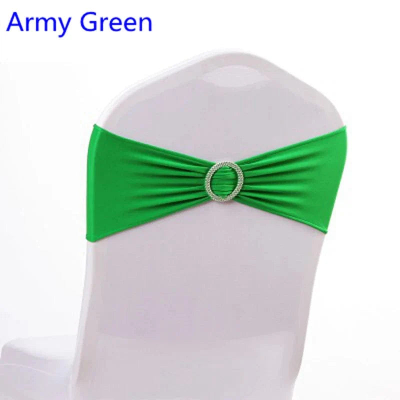 Spandex chair sash with round buckle from EVENTSDECOR, showing a stretch lycra band for wedding or party decor.