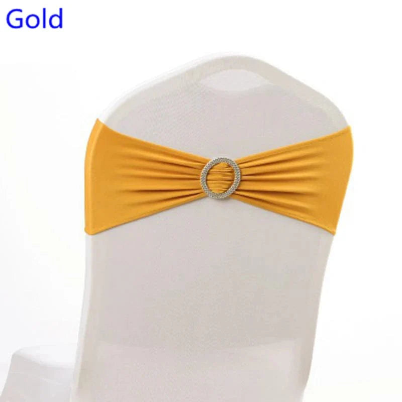 Spandex chair sash with round buckle by Showlu Fashion Store, stretchy lycra band for wedding, birthday, and event decoration.