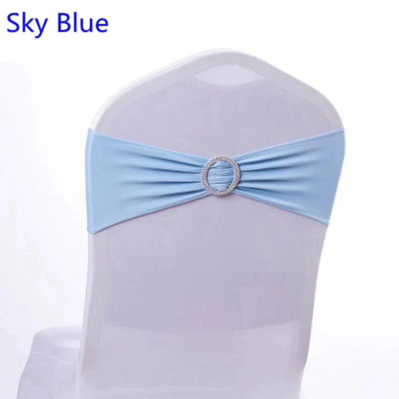 Spandex chair sash with round buckle, Showlu Fashion's Lycra stretch band for wedding, birthday, and event decor.