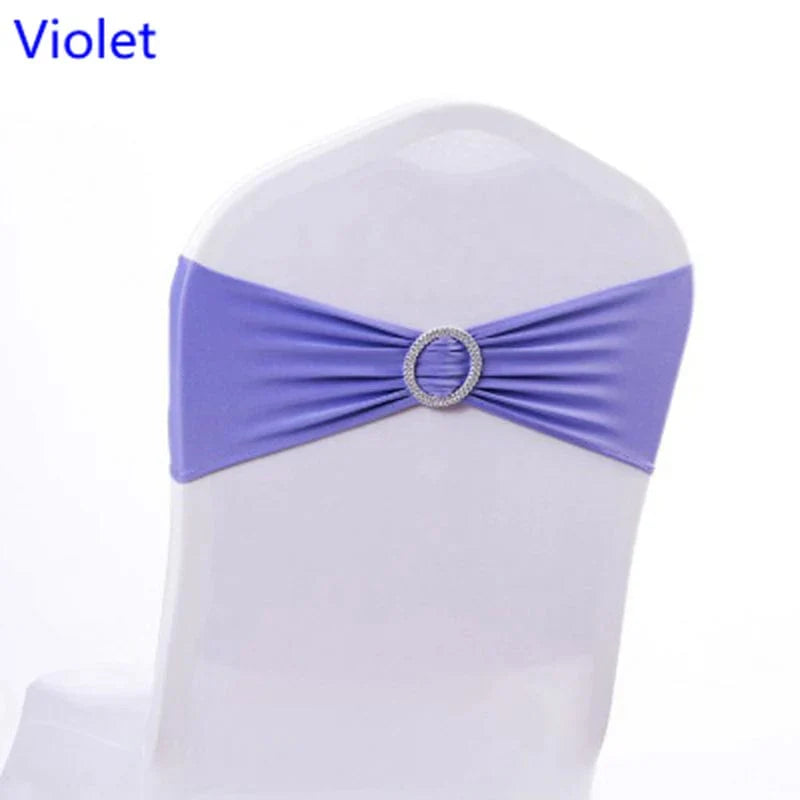 Spandex chair sash with round buckle from EVENTSDECOR, showing a stretchy Lycra band used for wedding and party decorations.