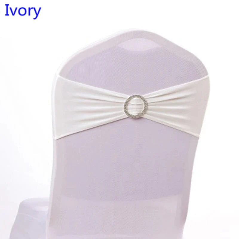 Spandex chair sash with round buckle from EVENTSDECOR, showing a stretch lycra band for wedding and party decor on a chair
