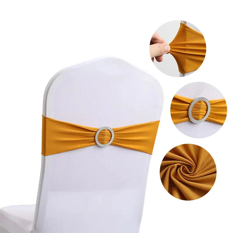 Spandex chair sash with round buckle by EVENTSDECOR, showing a stretch lycra band for wedding and party decor.