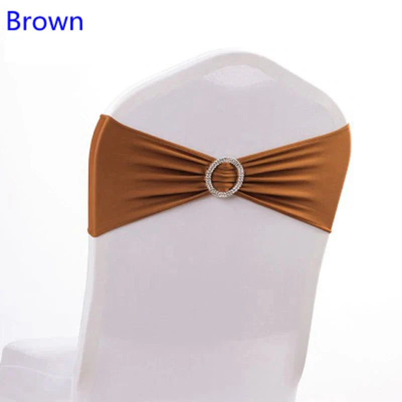 Spandex chair sash with round buckle by Showlu Fashion Store, stretchy lycra band for wedding, birthday, and event decor.