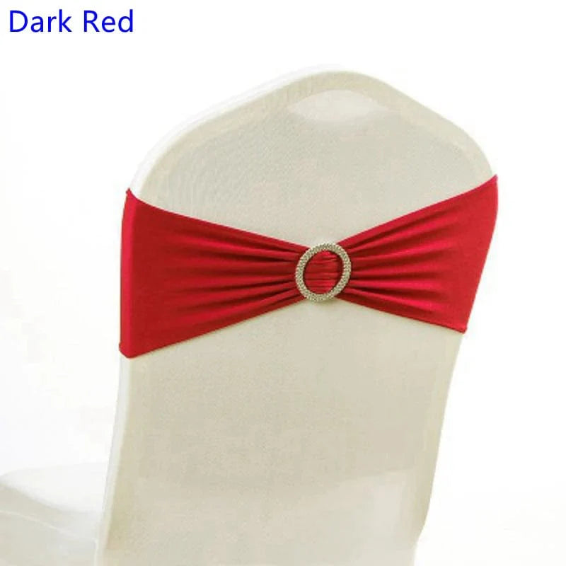 Spandex chair sash with round buckle from EVENTSDECOR, showing a stretchy Lycra band in a wedding or party decoration setting.