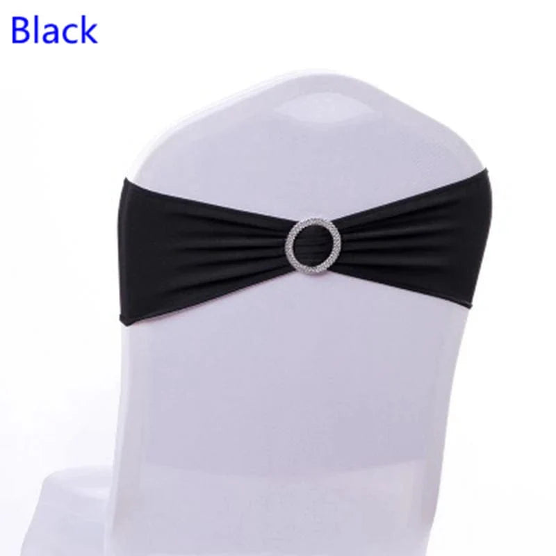 Spandex chair sash with round buckle by Showlu Fashion Store, featuring stretch lycra band for wedding and party decor.