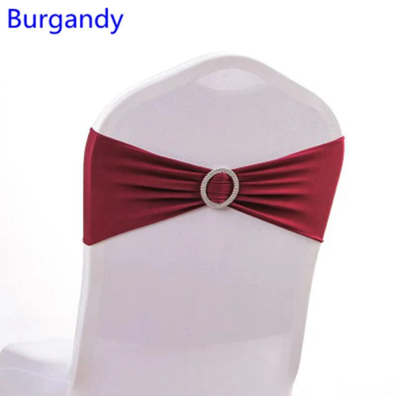 Spandex chair sash with round buckle from EVENTSDECOR, showing a stretchy Lycra band styled for wedding or party decor.
