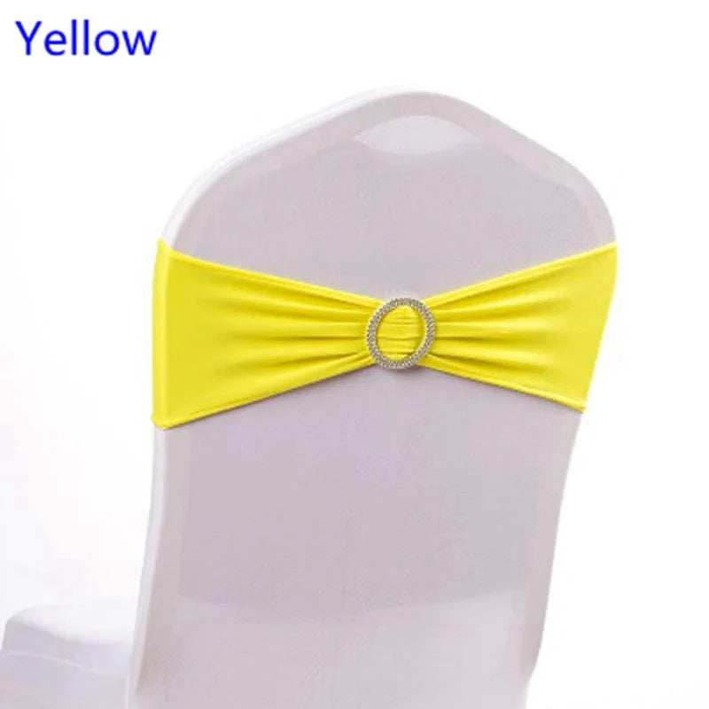 Spandex chair sash with round buckle by Showlu Fashion Store, stretchy lycra band for wedding, birthday, and event decor.