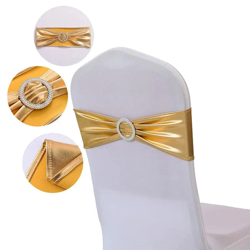 Spandex chair sash with round buckle from EventsDecor by Showlu Fashion, stretchy lycra band for wedding or party decor.