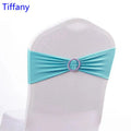 Spandex chair sash with round buckle from EVENTSDECOR by Showlu Fashion Store, wedding or party decor, stretchy lycra band on chair.