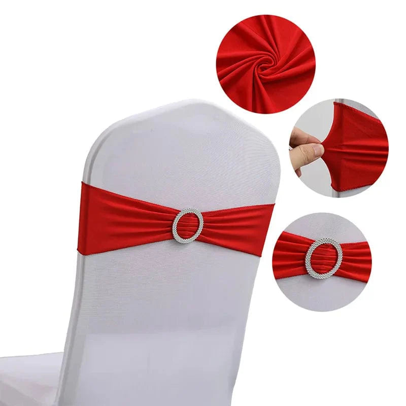 Spandex chair sash with round buckle, Showlu Fashion Store, stretchy lycra band for wedding, birthday, and event decor.