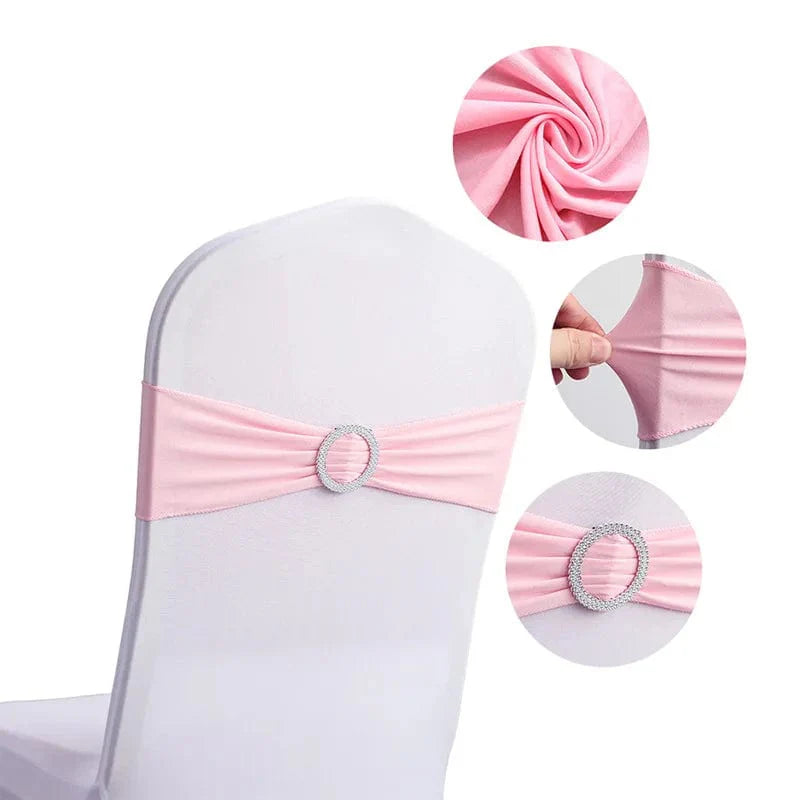 Spandex chair sash with round buckle from Showlu Fashion Store, stretchy lycra band for wedding, party, and event decor.