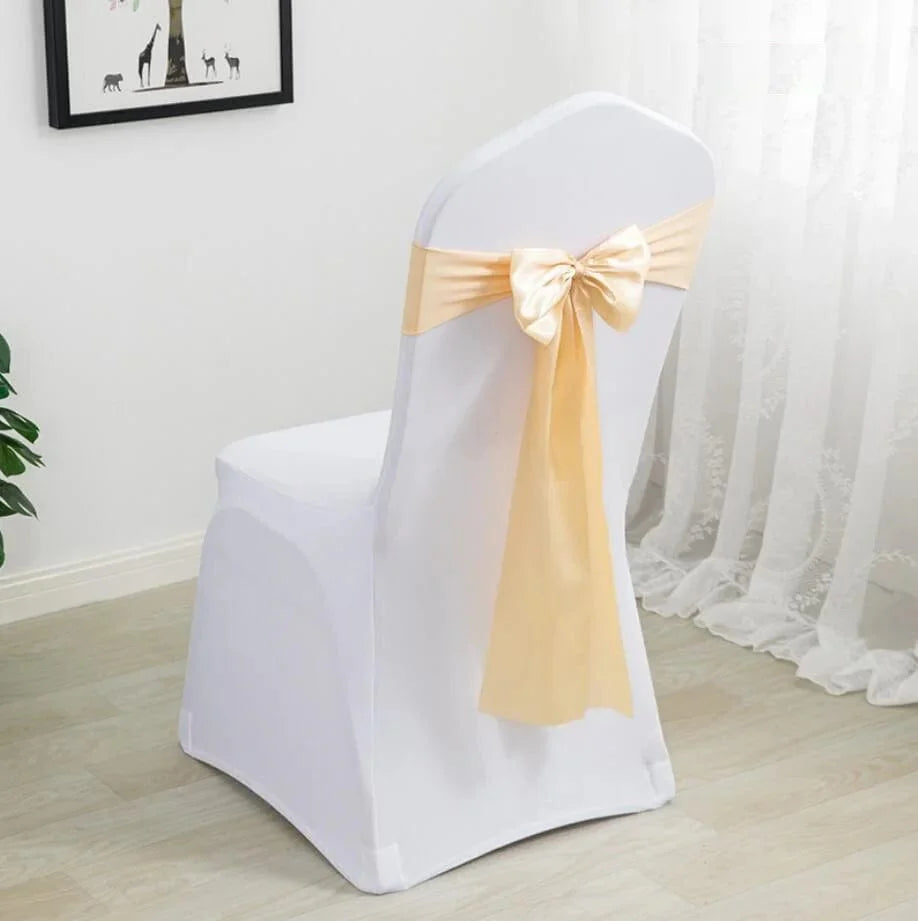 Spandex chair sashes with bow ties by EVENTSDECOR, perfect for wedding and party decorations, made from stretchy lycra fabric.