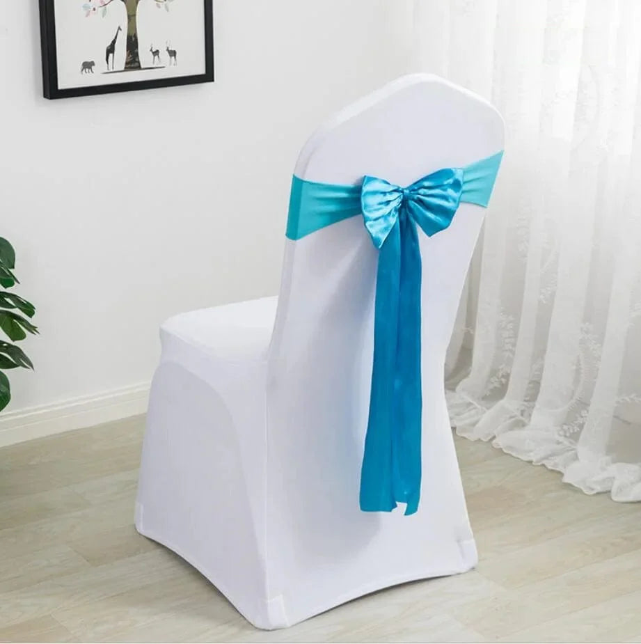 Spandex chair sashes with bow ties for weddings and events, stretchy Lycra fabric, hotel and party decor, Showlu Fashion.