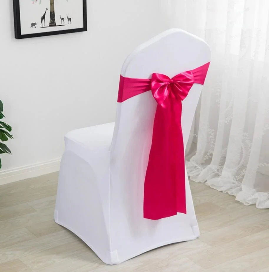 Spandex chair sashes with bow ties for weddings and events, showing stretch lycra fabric in vibrant colors for elegant decoration.