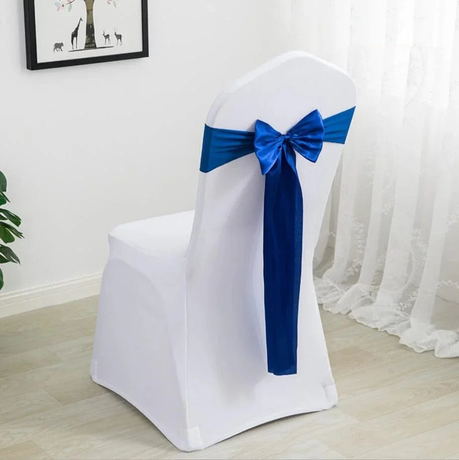 Spandex chair sashes with bow ties for weddings and events, featuring stretch Lycra fabric for elegant hotel and party decorations.