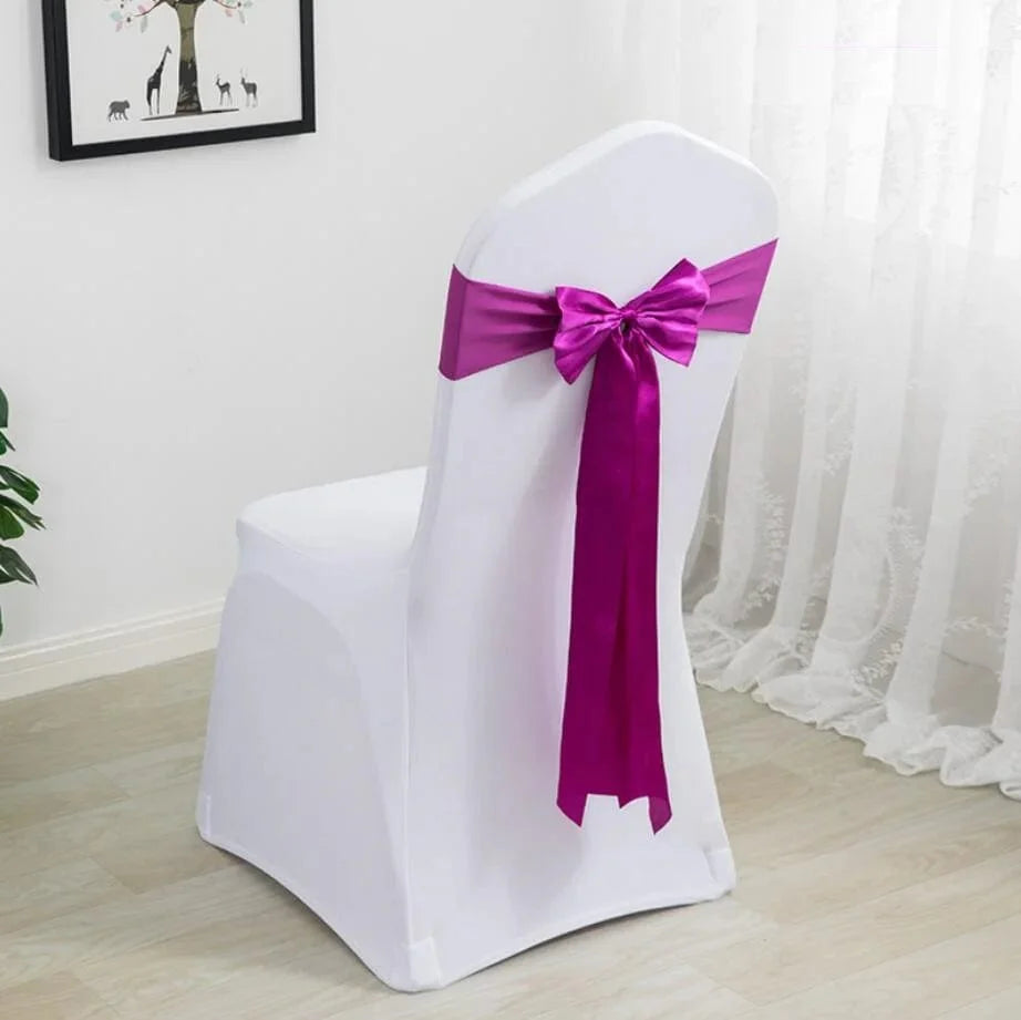 Spandex chair sashes with bow ties for weddings and parties, stretchy lycra fabric, decorative hotel and event chair decor.